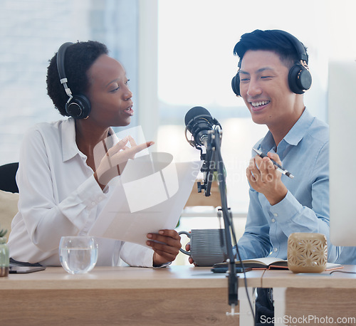 Image of Podcast, radio interview and working digital web presenter live streaming talking to a business man. Internet voice talent, speaker and influencer speaking about office diversity on a microphone