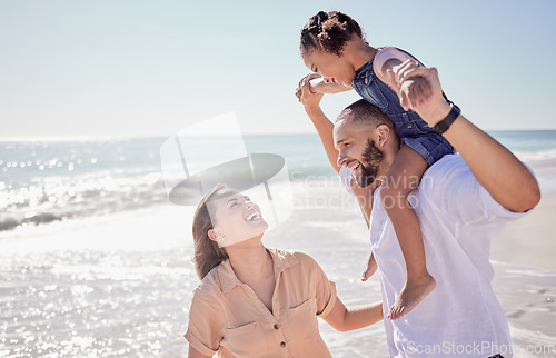 Image of Beach holiday, mother and father with girl bonding in fun game by Costa Rican ocean or sea for summer. Smile, happy and playful man, woman or parents carrying family daughter, kid or child in nature