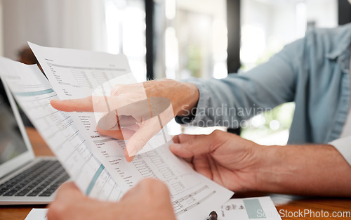 Image of Finance, budget and retirement people planning paperwork, savings or bills for wealth, investment and pension income. Senior couple hands reading financial document, tax management or life insurance