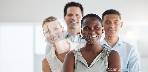 Image of Black woman, leader and business community diversity of happy employee office group. Portrait of company people and work manager smile ready to start a teamwork, corporate and working collaboration