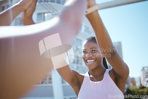 Image of Black woman, fitness sports and high five in urban city for running success, athlete team support or marathon winner. Happy workout, excited training celebration and healthy exercise goal achievement