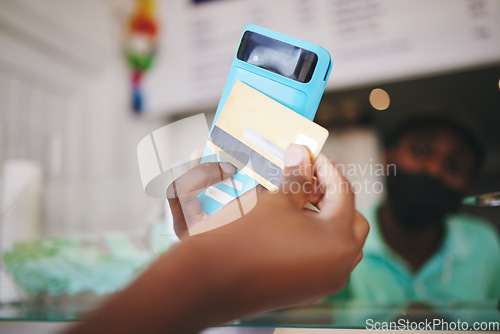 Image of Customer hand payment using credit card, machine and 5g technology. Manager or cashier transacting with internet and nfc to tap or scan for the bill at grocery store contactless checkout point
