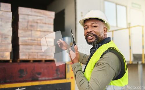 Image of Black man, walkie talkie and logistics shipping, storage or supply chain worker. Portrait, cargo and container industry male employee with radio communication controlling import, export and delivery.