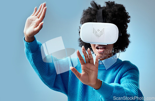 Image of 3d virtual reality, technology and futuristic connection to internet. Black woman with vr headset, digital gadget and user experience of metaverse. Innovation, future and online game networking tech