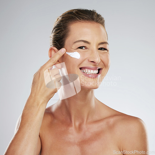 Image of Portrait of woman in skincare, beauty and skin products with lotion on her face. Mockup up for natural beauty, beauty products and anti aging cream. Facial for perfect skin, cleaning and moisturizing