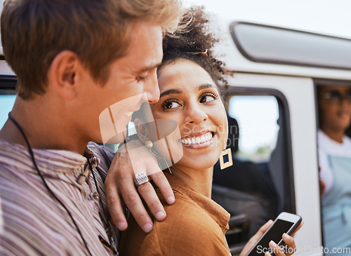 Image of Couple, phone and travel in a city with black woman and man bonding and waiting for a taxi. Tourist, traffic and transport for cheerful interracial soulmate sharing romantic moment in a street