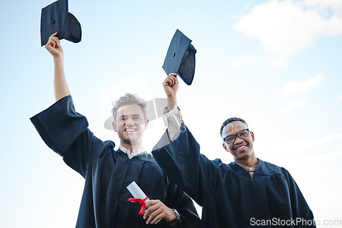 Image of Graduation, education and students with blue sky happy with success in university, college or school study. Celebration, diversity and graduate people with diploma certificate smile over achievement