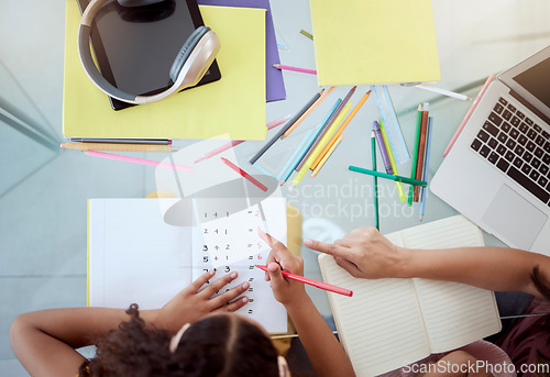 Image of Home school, kid and mother writing math homework of numbers, education and studying for growth, development and knowledge. Above mom help girl child student with teaching, learning and tutor books