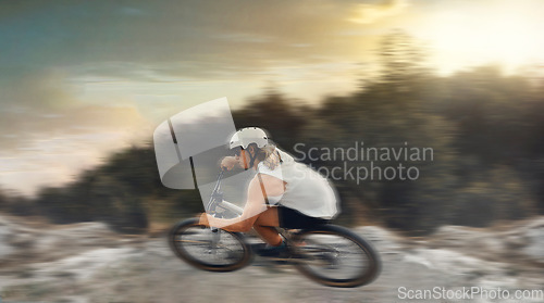 Image of Motion blur of mountain bike man, action and bicycle speed adventure, freedom and fast race in nature course outdoors. Cycling sports athlete training, moving and dangerous momentum skills on trail