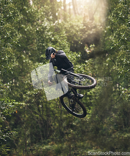 Image of Cycling, bicycle jump and sports man travel in Japan nature forest for adventure and extreme sport journey. Trees, stunt and mountain bike rider or cyclist training in woods for exercise and fitness