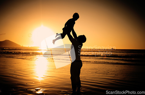 Image of Beach silhouette, dark sunset and family on travel holiday in Mauritius, happy at the ocean sea and love for child on vacation in summer. Father and kid playing by the water in nature sunshine