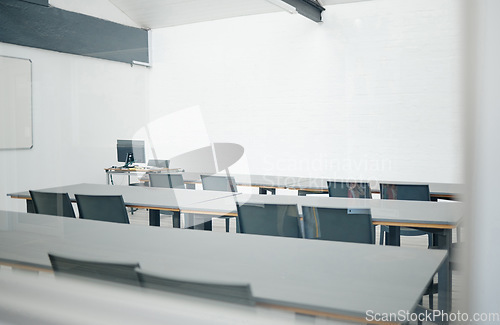 Image of Empty conference, presentation or interior for a tradeshow class, event or marketing and sales coaching workshop. Meeting room of an educational convention, teaching or business group training space