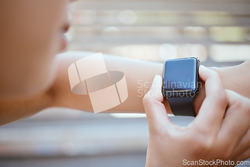 Image of Fitness, woman and hands for time on watch checking or monitoring health after exercise training workout outdoor. Hand of female with smartwatch monitor check and time in healthy run or cardio sports