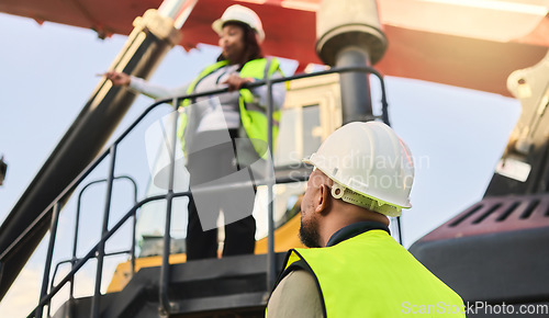 Image of Logistics, black woman on crane and man in container shipping yard store checking truck. Industrial cargo area, African workers in safety gear working on forklift for global freight delivery company.