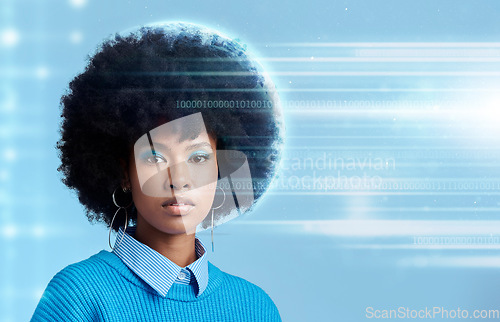 Image of Black woman, holographic and light for digital, tech or futuristic portrait with blue background. Model, makeup and mockup for web security in studio for 3d animation for cyber, internet or data firm