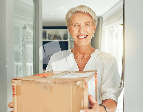 Image of Senior customer, delivery box and courier service at front door house for e commerce, distribution and shipping. Portrait of elderly woman with cardboard package for logistics, supply chain or stock
