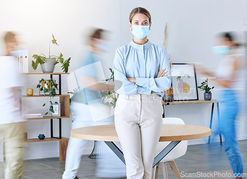 Image of Covid, office and busy portrait of woman with mask for protection from virus in workplace. Motion blur of business people in professional agency with coronavirus face shield for safety.