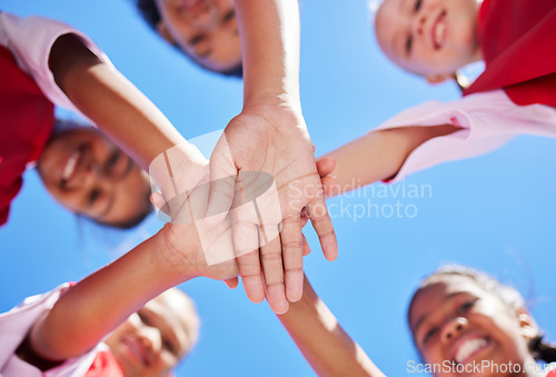 Image of Hands, children and community with girl collaboration on environment cleaning project, happy and excited. Earth, goal and volunteer program with kids enjoying social and pollution cleanup outdoors