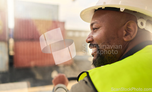 Image of Black man, smile and work in logistics with container stack at port. Man, happy and helmet show happiness working in shipping, cargo and supply chain industry at harbour for sea trade in Cape Town