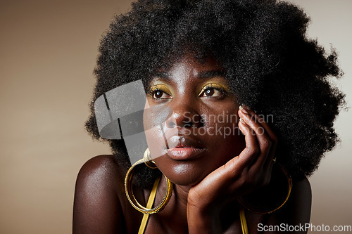 Image of Black woman, makeup and afro thinking of idea with hair, beauty and fashion against brown backdrop. Model, skin and cosmetics contemplating dream, future and life against neutral studio background