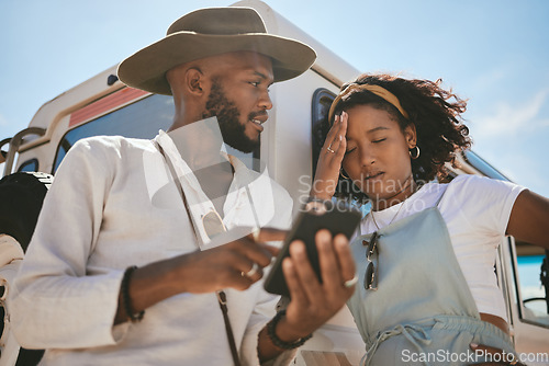 Image of Road trip, confused and lost couple search location on internet with 5g smartphone for journey, travel and holiday safari vacation. Black people friends check cellphone for guide website information