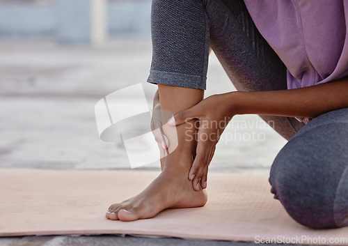 Image of Foot, pain and woman with accident during fitness training in the city of Peru. Girl, athlete or person with muscle medical emergency while doing exercise, workout or wellness yoga in a park