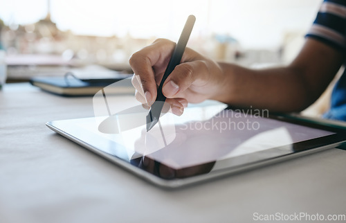 Image of Digital tablet, designer hands writing with pen for design planning, creative animation or advertising project on desk in studio. Tech, notepad or web designer working with electronic pen, UX or web