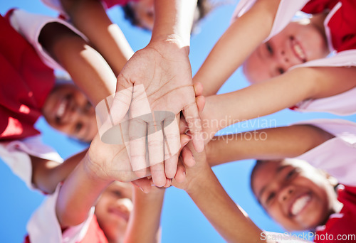 Image of Team, children and soccer athlete hands together to show sport community, support and success. Fitness, football and exercise training proud hand sign of friends and players ready for teamwork