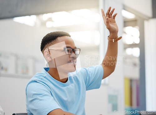 Image of Question, learning and black man raise hand for education, knowledge growth and answer in a lecture. University student or worker ready to learn, study and gain information insight in a classroom