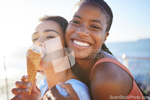 Image of Summer, friends and ice cream with women at beach for Miami holiday together for travel, happy and freedom. Smile, support and food with portrait of girls on vacation for wellness, youth or lifestyle