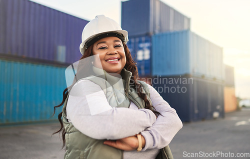 Image of Black woman, smile and work in logistics with container stack at shipyard. Woman, happy and confident has motivation working in shipping, cargo and supply chain industry at port in Cape Town