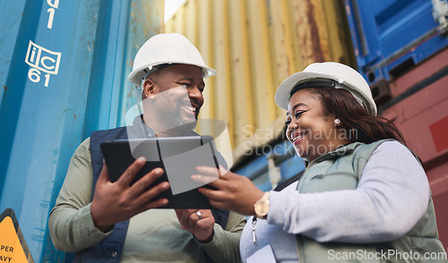 Image of Logistics, supply chain and tablet with a man and woman shipping worker working on a dock for export. Internet, technology and cargo with a team at work in a container yard for distribution industry