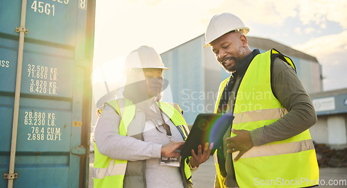 Image of Ecommerce, supply chain and tablet with a man and woman working as a team in logistics, shipping and delivery. Teamwork, freight and cargo with a male and female at work in the export industry