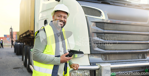 Image of Construction worker in shipping business by delivery truck in shipyard. Black man truck driver with walkie talkie doing logistics, transport and export of cargo container in distribution industry