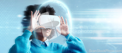 Image of Woman, VR and technology in future metaverse, game or internet connection in the cyberspace. Female with virtual reality headset in 3d, digital and futuristic AI tech for online innovation