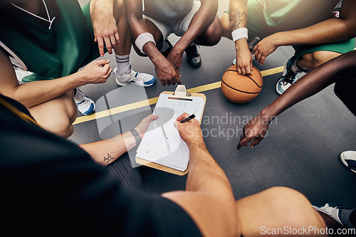 Image of Basketball, strategy and team with a sports coach talking to a team while planning tactics on a clipboard and hands. Teamwork, fitness and exercise with a player and teammates listening at training