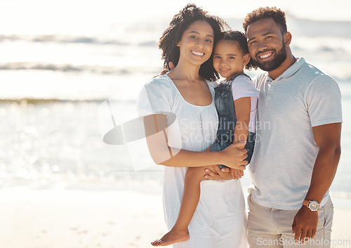 Image of A mock up black family on holiday, happy at beach and smile in summer sun. Mother with her man, girl child on seaside vacation and stand in waves by ocean. Parents with kid relax, destress and unwind