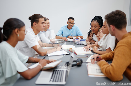 Image of Diversity, education or university students in classroom learning, collaboration or working on maths or physics research. Books, laptop and notebook for college group project search for scholarship