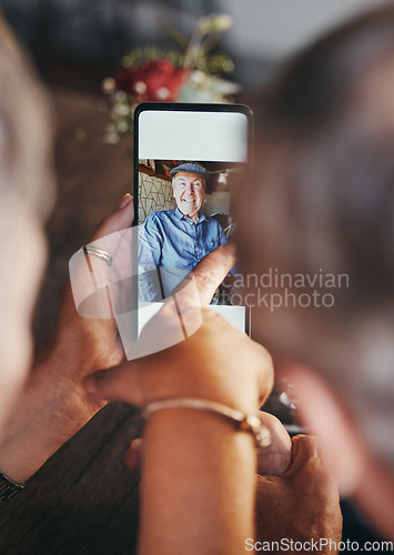 Image of Love, memory and couple with phone picture to remember romantic date, bond and relax quality time together. Happy, smile and elderly man and woman view digital photo album on mobile smartphone screen