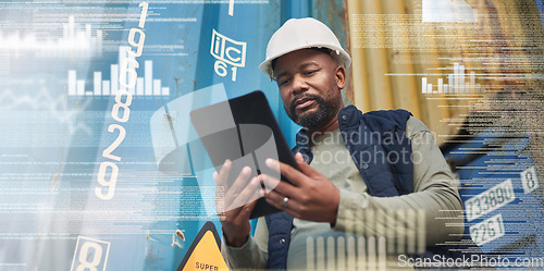 Image of Tablet, overlay and black man in delivery logistics by containers working on the stock, cargo or inventory checklist. Industrial worker counting export numbers of freight for supply chain warehouse