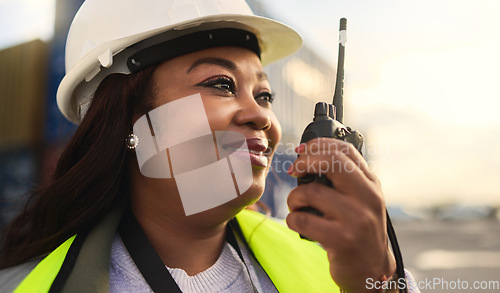 Image of Logistics, delivery and black woman in communication via radio for manufacturing supply chain about shipping. Smile, engineer and happy manager in conversation with distribution worker at a port