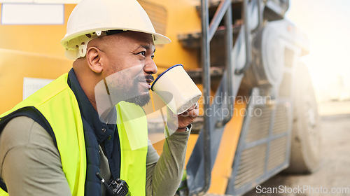 Image of Coffee, engineer and construction worker relax on break at construction site, smiling and inspired by building idea and vision. Engineering, motivation and black man happy about project development