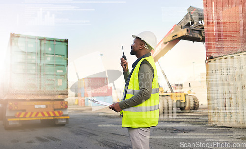 Image of Delivery, logistics and manager in communication with walkie talkie about stock safety inspection for industrial distribution. Black man speaking with supply chain worker at cargo warehouse in Africa
