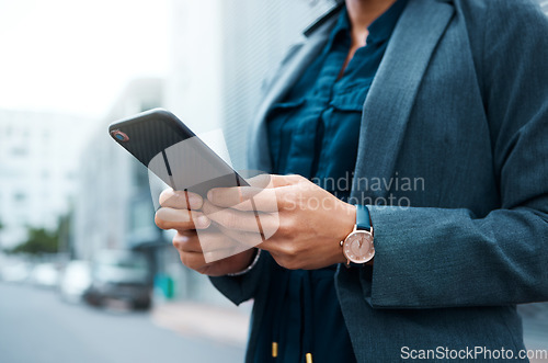 Image of Hands, phone, business woman writing email or type on social media and reading online news. Read corporate communication, watch investment video or web mobile application technology and 5g research