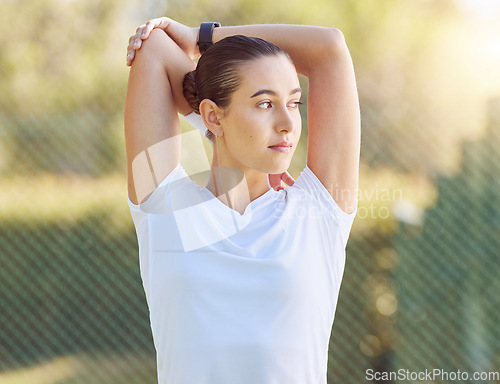 Image of Tennis stretching, sports goal and woman training on a court for fitness, motivation for professional event and start of game on outdoor court. Athlete thinking while doing warm up before workout