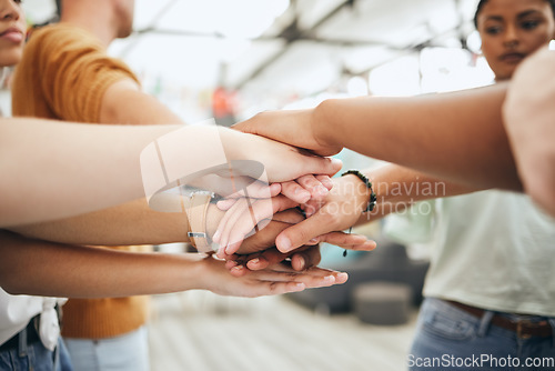 Image of Group hands, motivation and team building trust mission for success, partnership deal and winner support together. Closeup people celebrate global community, diversity and collaboration achievement