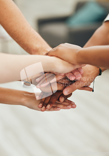 Image of Diversity, hands and team collaboration in business for planning, support and trust at the office. Hand of diverse group in teamwork success for unity and creative plan together in project agreement