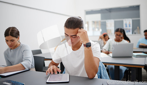Image of Digital tablet, university and student in lecture reading course work, classroom information or online internet search. Gen z graphic designer or multimedia college people in classroom learning tech