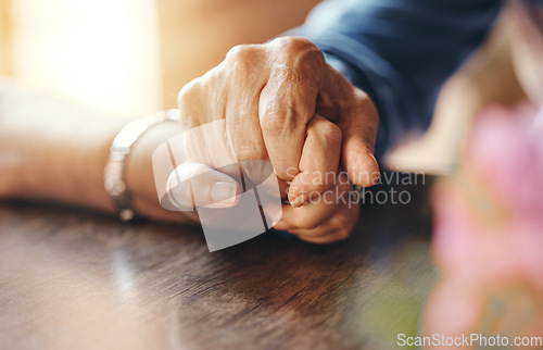 Image of Senior couple holding hands, love and support for trust, retirement and care together. Closeup old man, elderly woman and hope for helping touch, empathy and solidarity, kindness and happy marriage