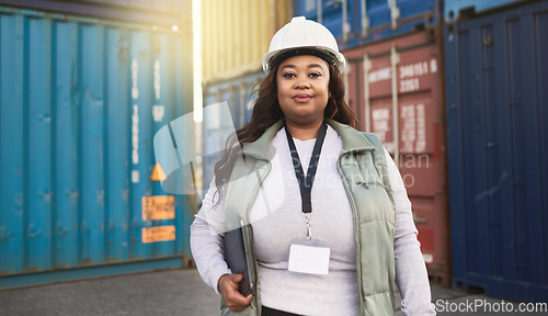 Image of Shipping worker and portrait of black woman at cargo freight containers with tablet for logistics. Assertive, confident and professional African girl in ecommerce delivery management industry.